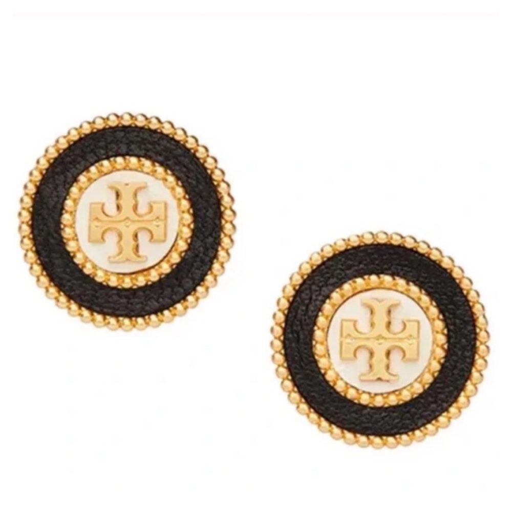 Tory Burch Milgrain Logo Stud Earrings NWT Black and Gold Earrings